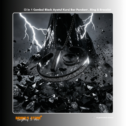 (3 in 1 Combo) Black Ayatul Kursi Bar Pendant , Ring & Bracelet